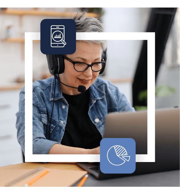 A person wearing glasses and headphones sits at a desk possibly engaged in telemarketing services using a laptop Icons of a smartphone with a chart and a pie chart are overlaid on the image The background shows a blurred home interior
