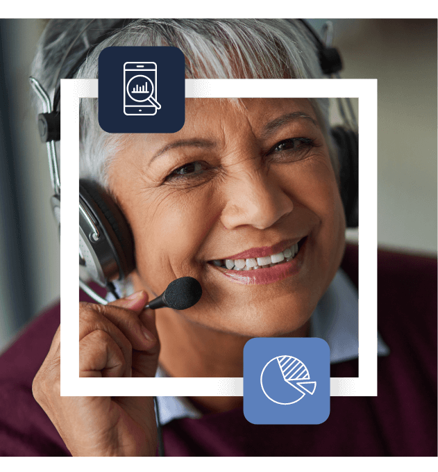 A person with gray hair smiles wearing a headset that hints at telemarketing services The image is overlaid with icons of a smartphone featuring a graph and a pie chart